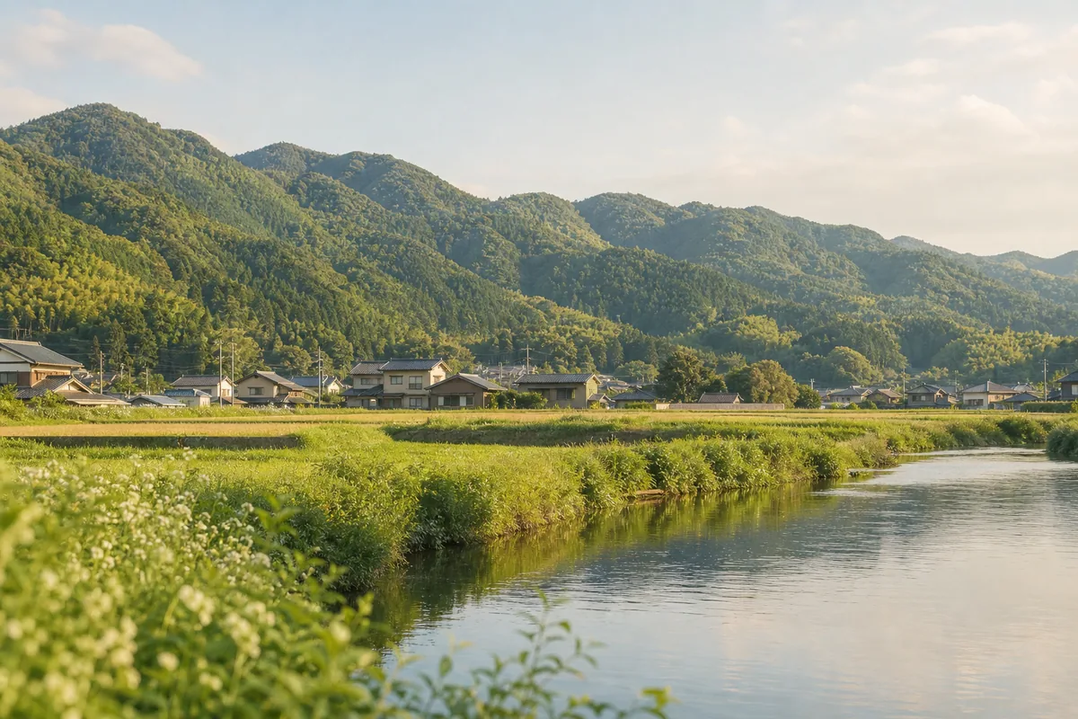 山あいの田園と川が広がる穏やかな田舎風景