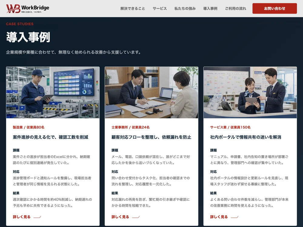 BtoBサービスサイト「WorkBridge」の導入事例セクションの画面