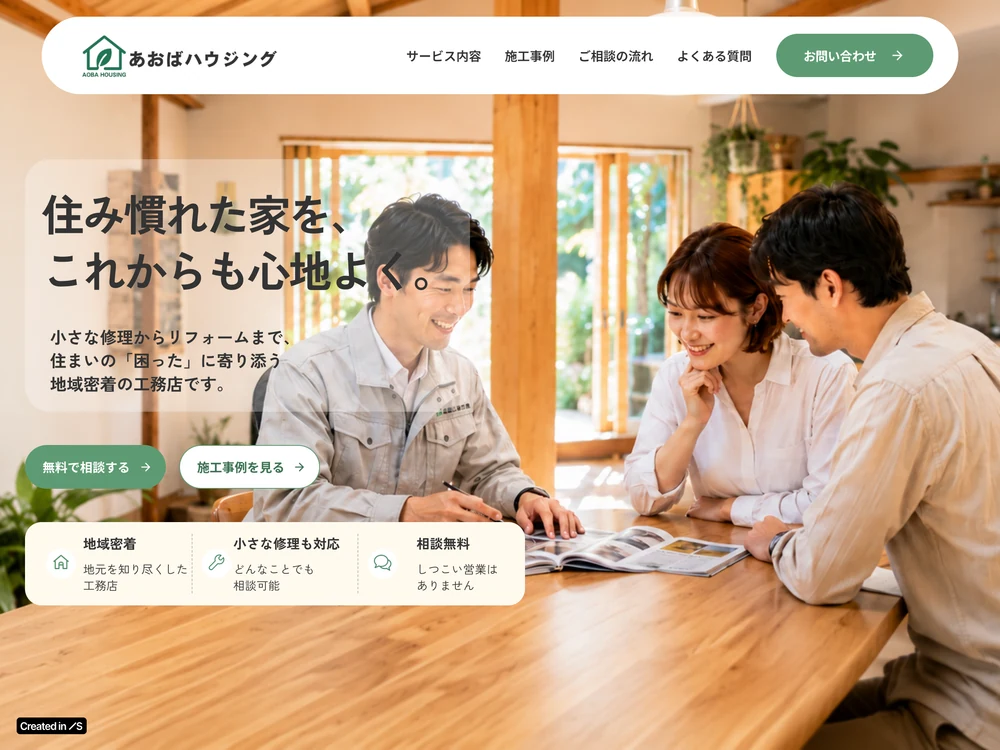 工務店サイト「あおばハウジング」のTOPセクションの画面
